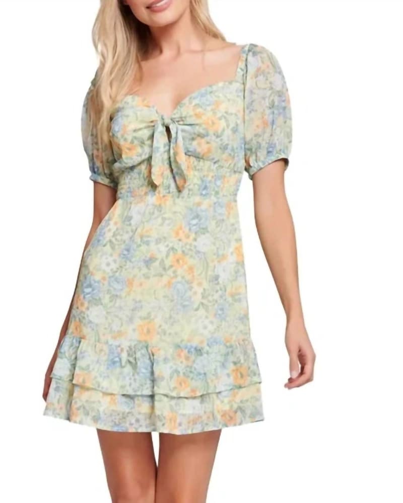 Front of a model wearing a size L Mountain Bloom Floral Mini Dress in Multi in Multi by LOST + WANDER. | dia_product_style_image_id:363322